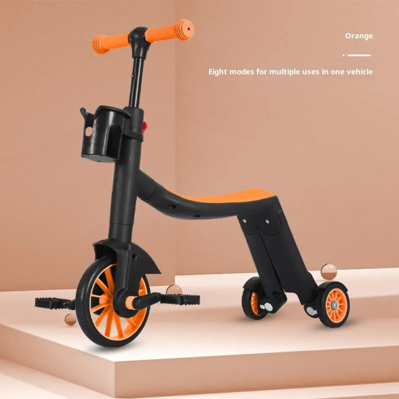 Eight-in-one plastic multifunctional children's scooter with push handle in blue colour option