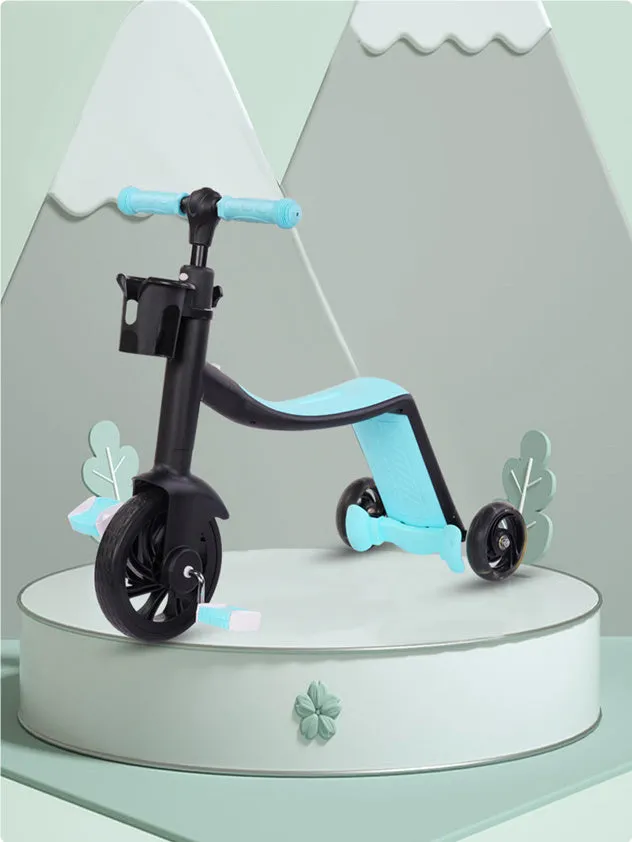 Eight-in-one plastic multifunctional children's scooter with push handle in blue colour option