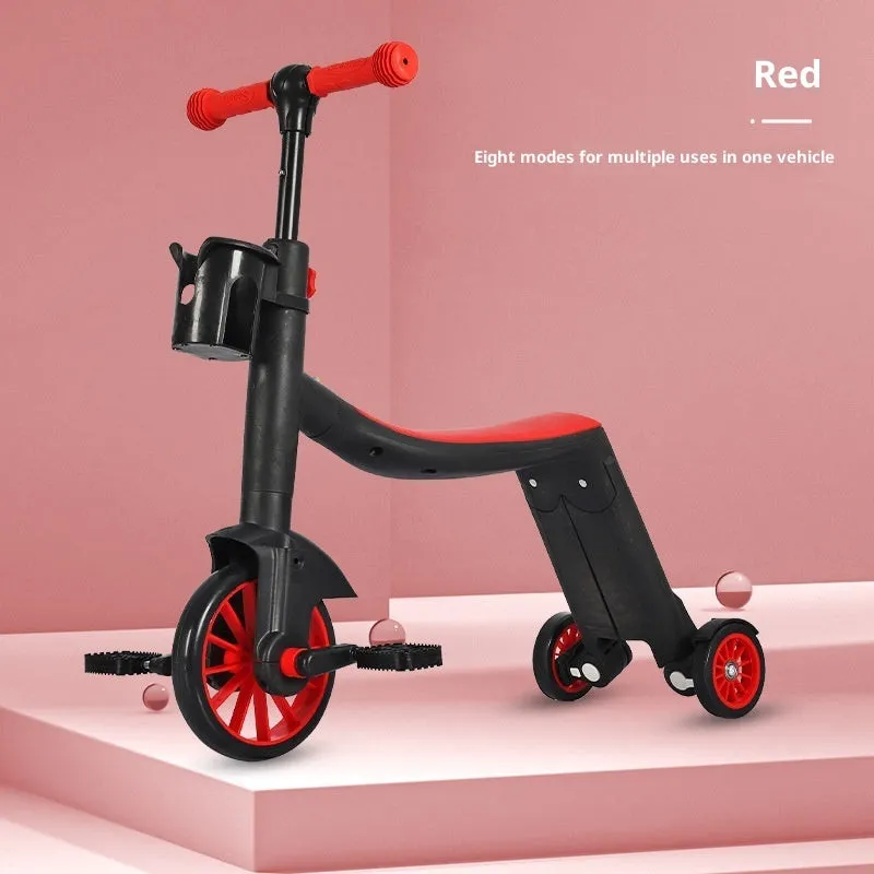 Eight-in-one plastic multifunctional children's scooter with push handle in blue colour option