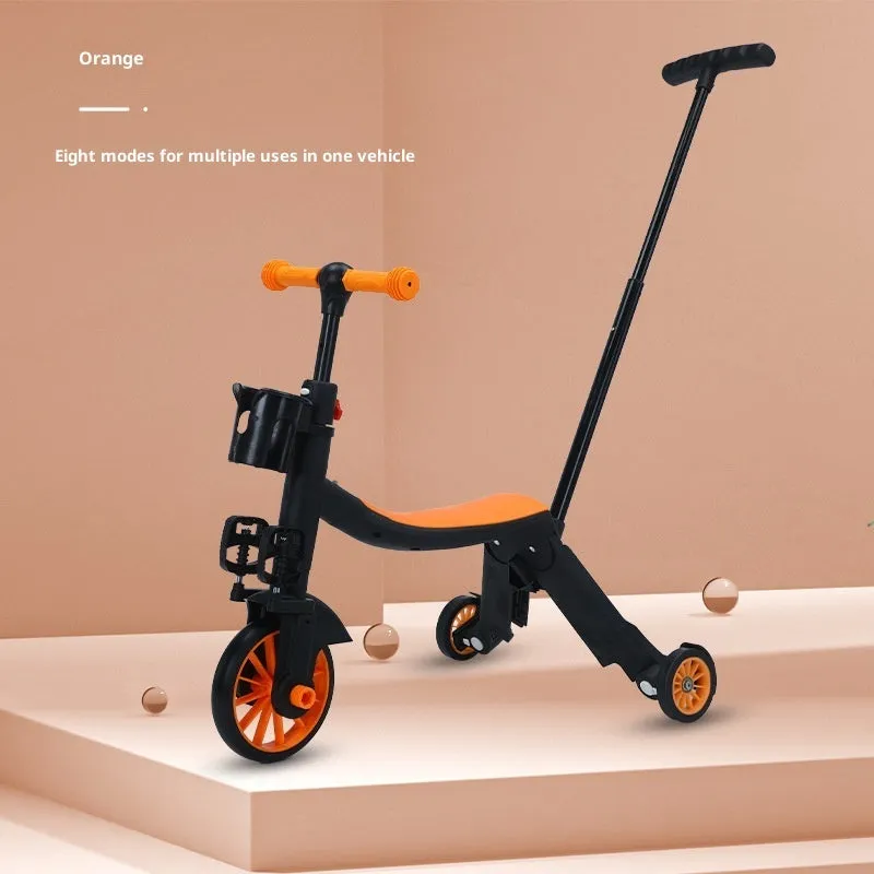 Eight-in-one plastic multifunctional children's scooter with push handle in blue colour option