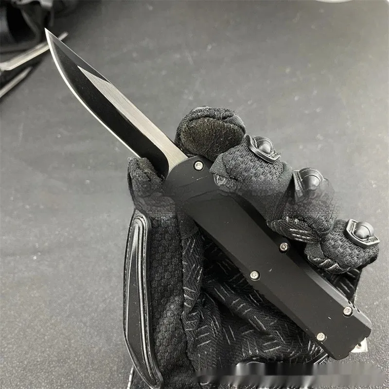 Outdoor camping portable tactical sheath folding knife with black brushed 440C blade and zinc alloy handle