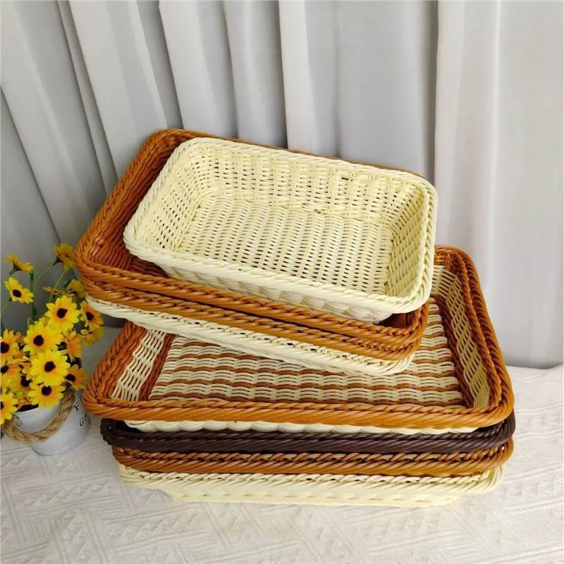 Rattan-like PP fruit and vegetable display storage box in brown, 35x25x7cm, on a kitchen countertop