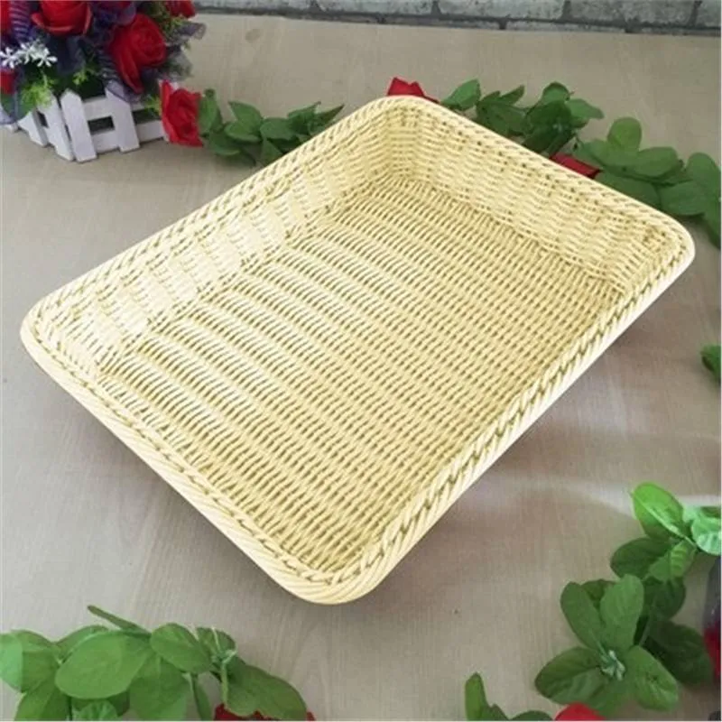 Rattan-like PP fruit and vegetable display storage box in brown, 35x25x7cm, on a kitchen countertop