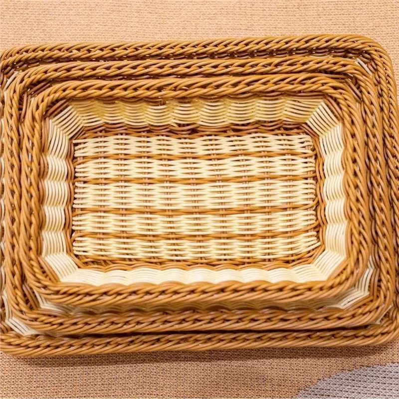 Rattan-like PP fruit and vegetable display storage box in brown, 35x25x7cm, on a kitchen countertop