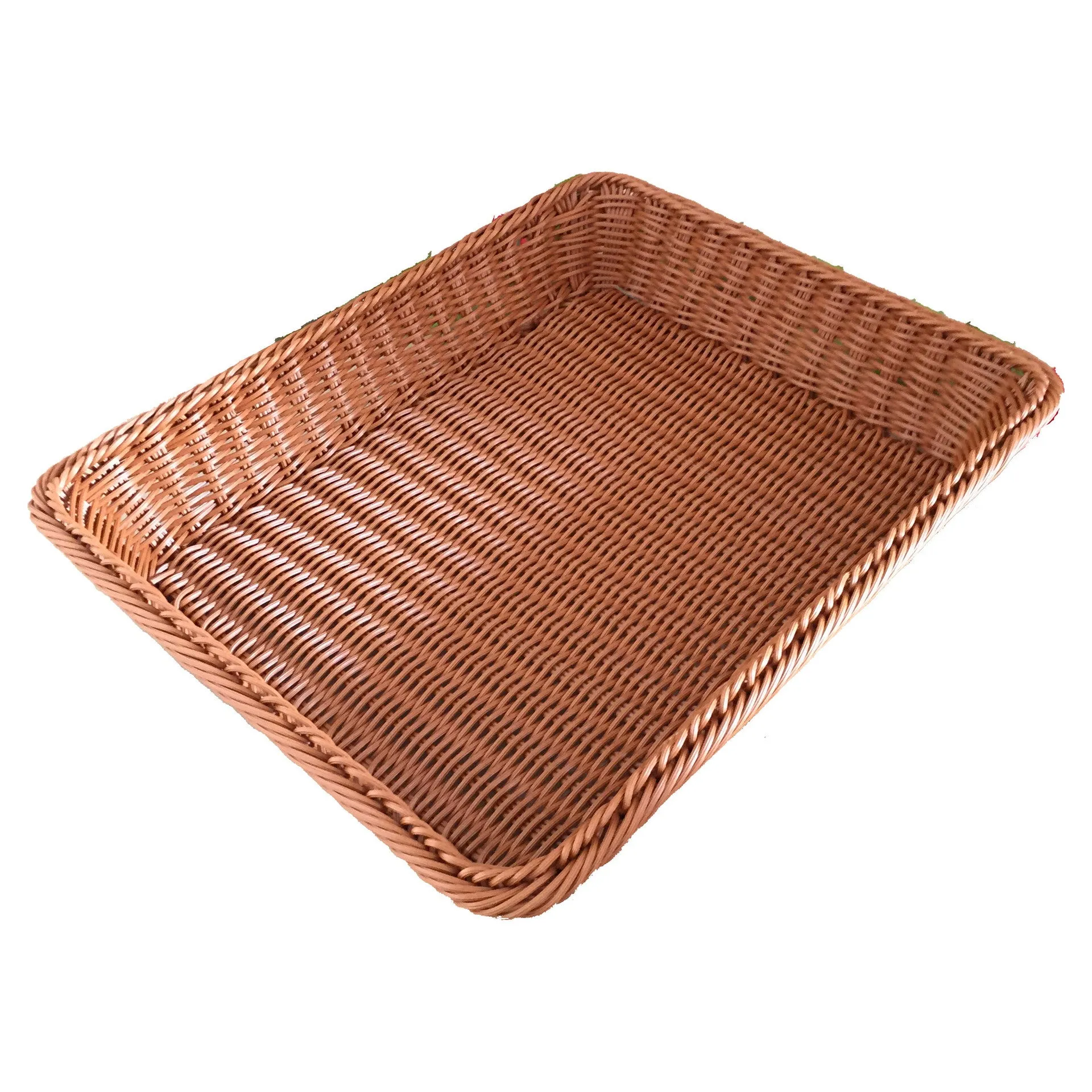 Rattan-like PP fruit and vegetable display storage box in brown, 35x25x7cm, on a kitchen countertop