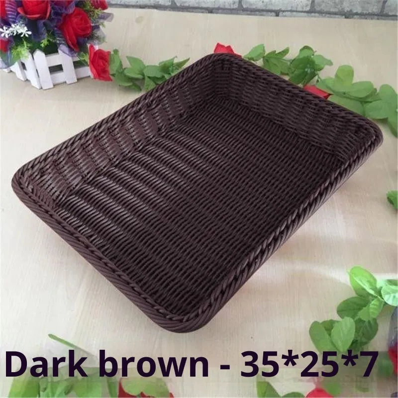 Rattan-like PP fruit and vegetable display storage box in brown, 35x25x7cm, on a kitchen countertop