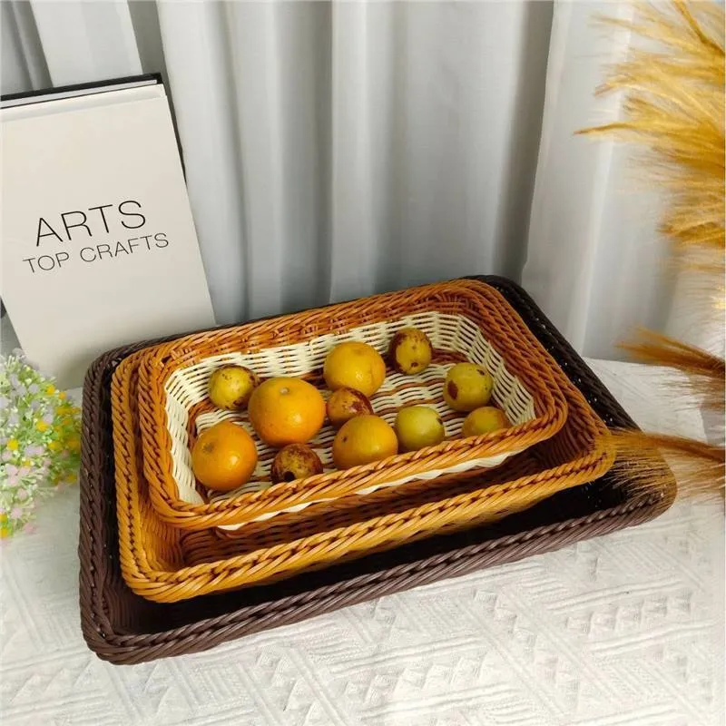 Rattan-like PP fruit and vegetable display storage box in brown, 35x25x7cm, on a kitchen countertop