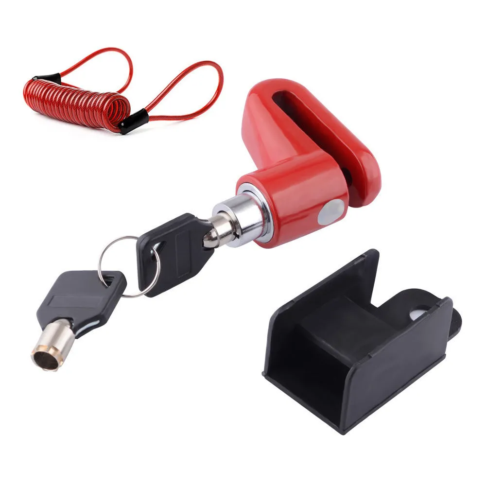 Iron disc brake lock with reminder rope for bicycle and motorbike security, available in black red blue colours