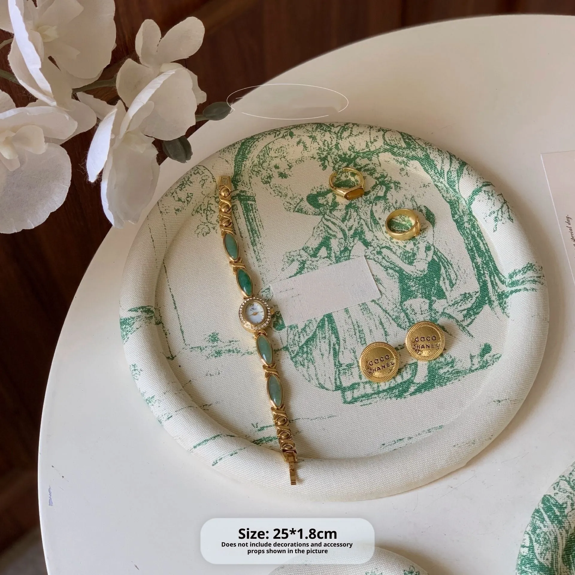 Retro fabric MDF jewellery tray in French manor style with bracelet and necklace