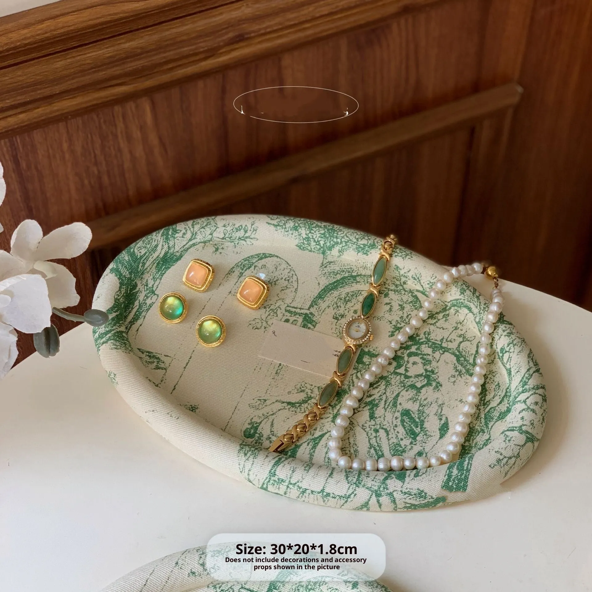 Retro fabric MDF jewellery tray in French manor style with bracelet and necklace