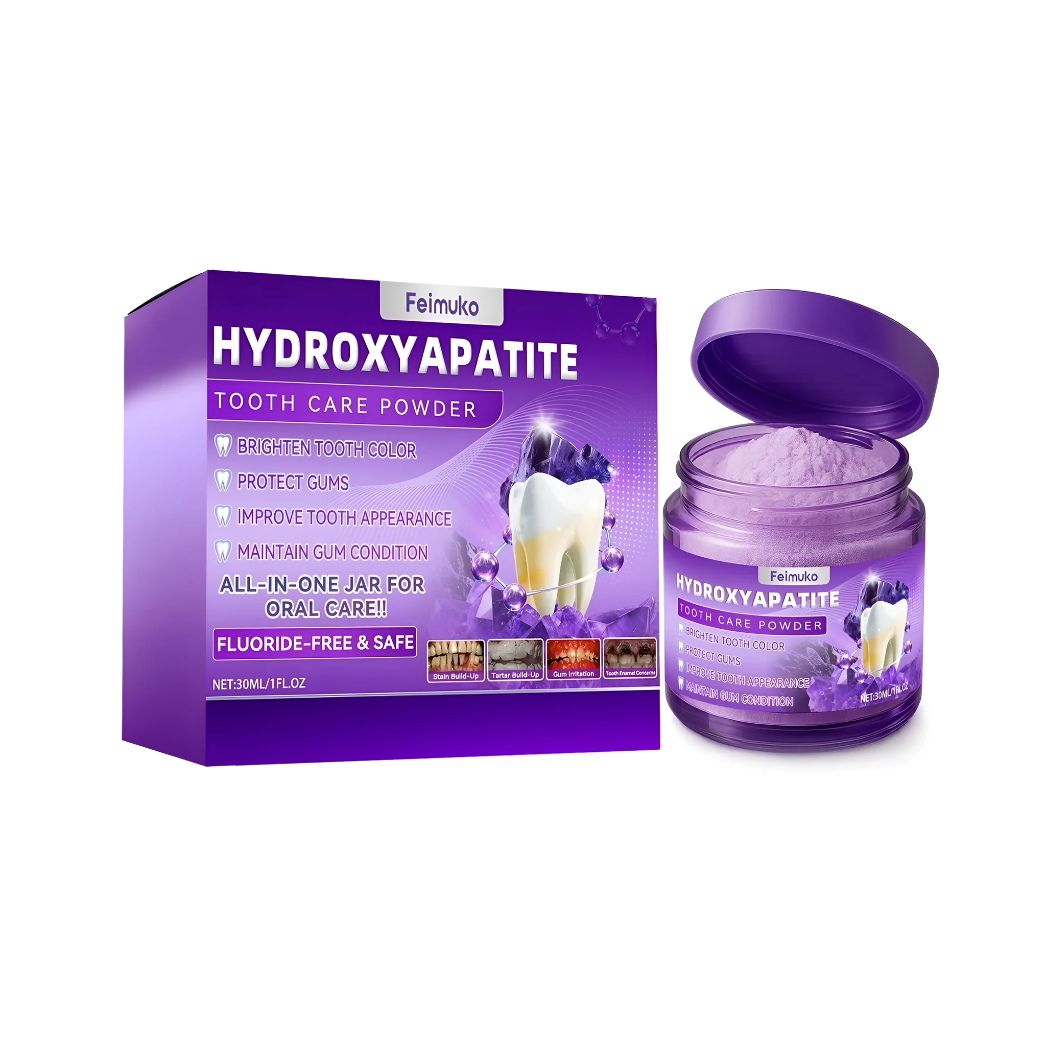 Tooth care powder in 30ml container with fresh mint flavour and hydroxyapatite