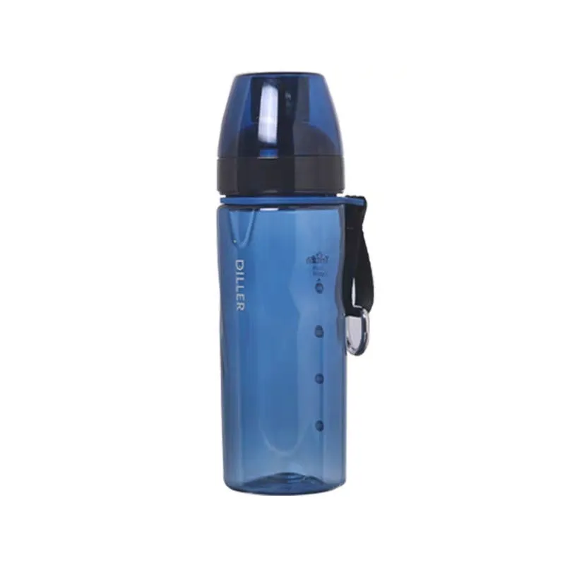 Blue portable sports water bottle with Chinese style design and integrated tea compartment