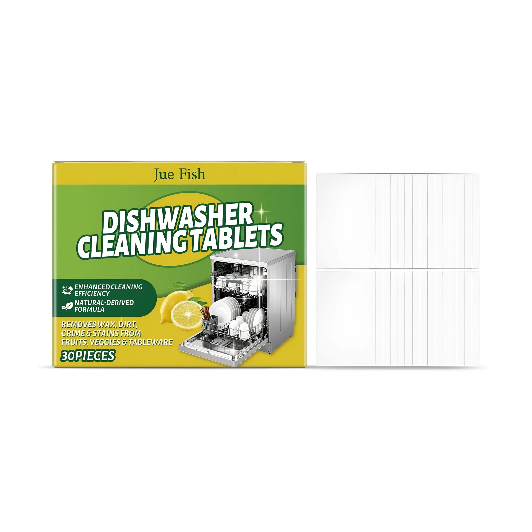Box of 30 dishwasher cleaning sheets with citric acid formulation for limescale and odour removal