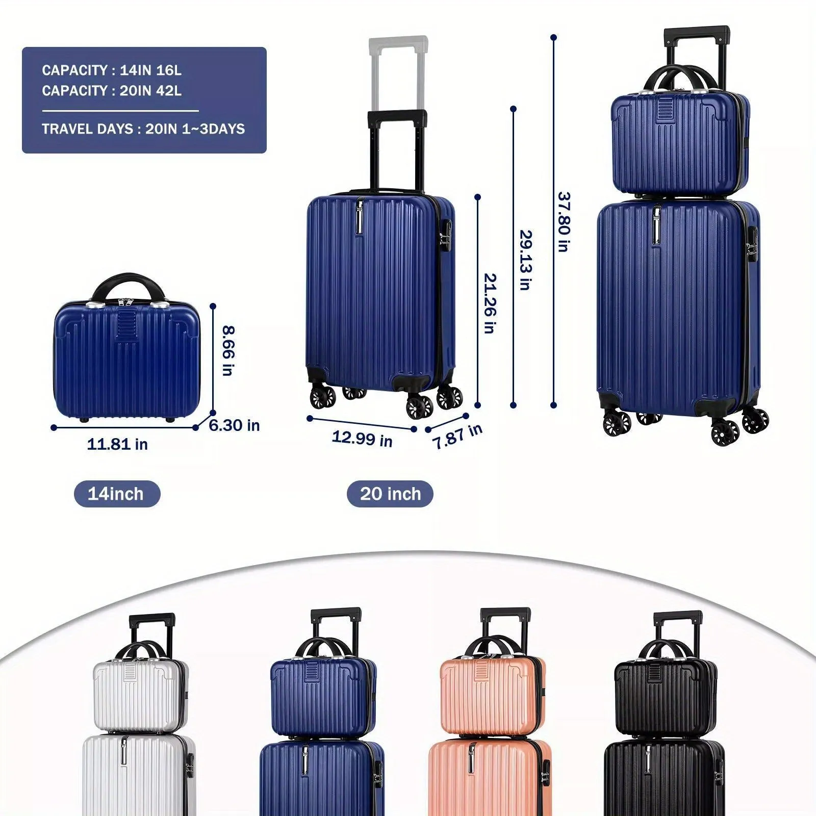 A set of two aluminium alloy travel trunks in towel colour, showing 14 inch and 20 inch sizes.