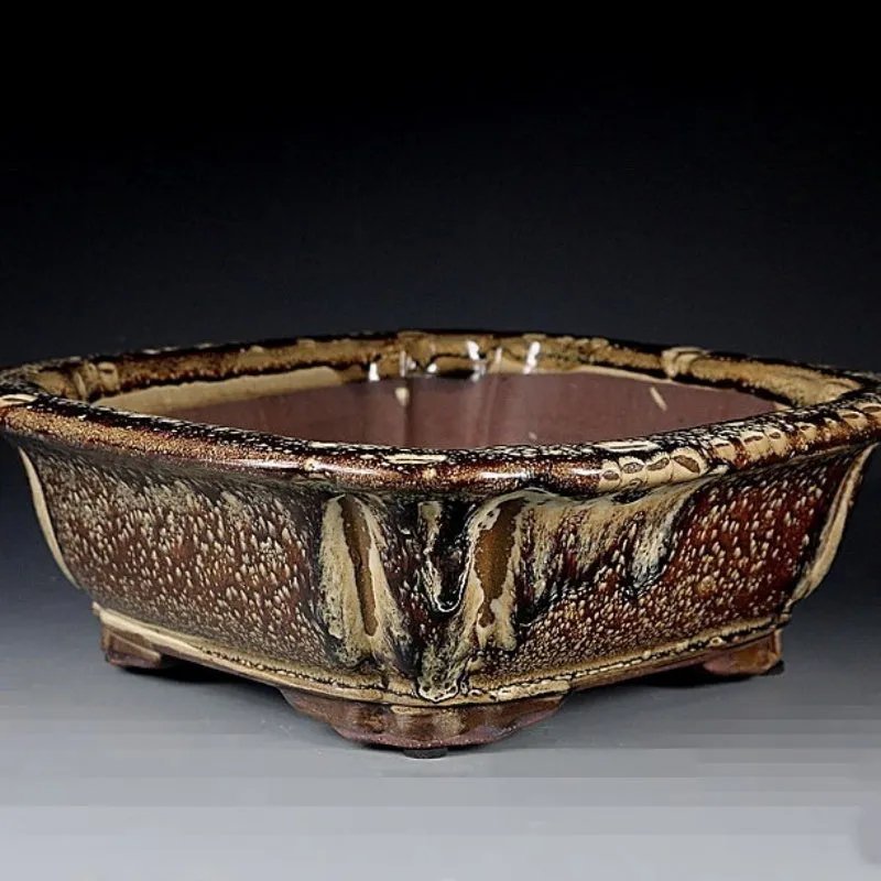Purple sand handmade antique square colored glaze bonsai flower pot 27x27x9cm