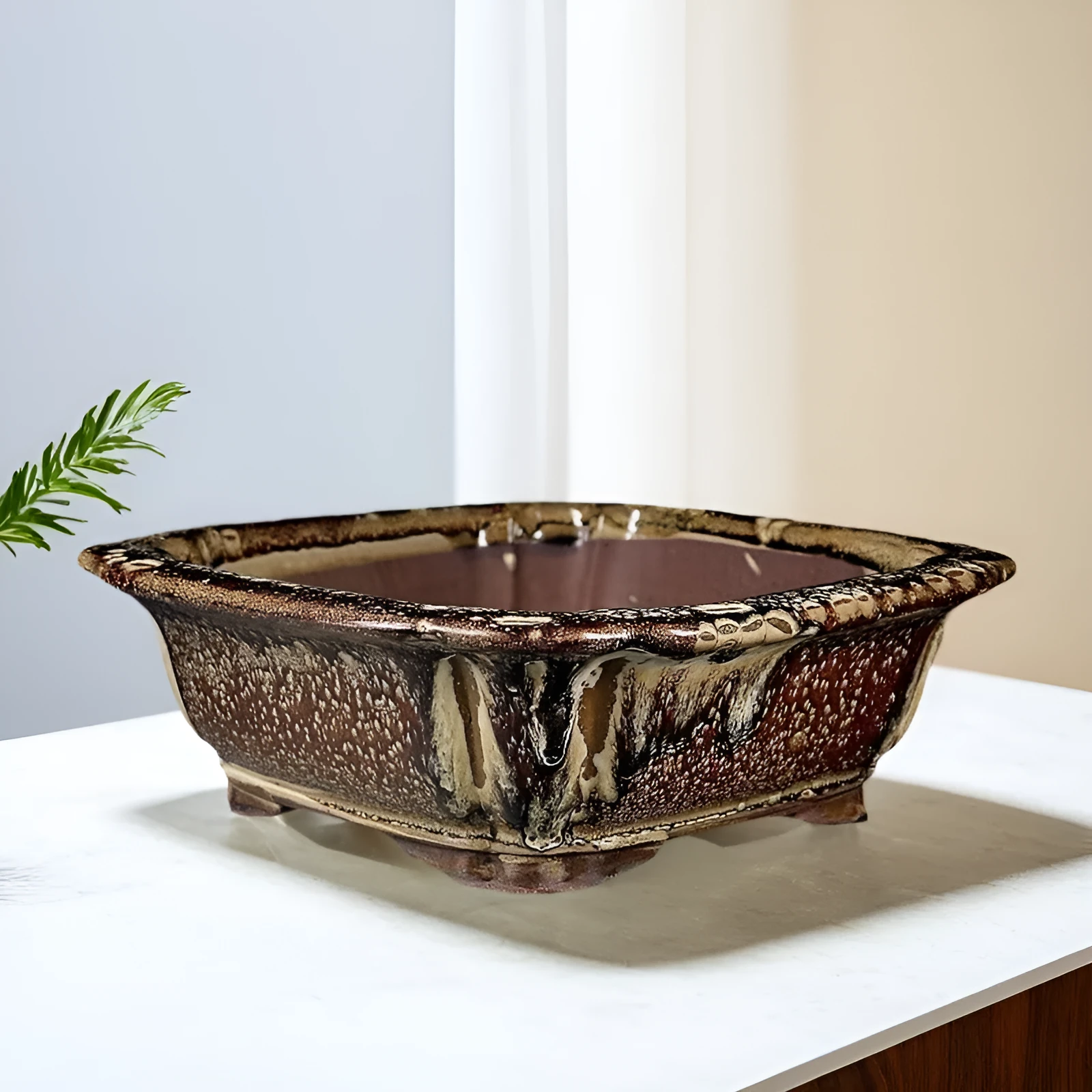 Purple sand handmade antique square colored glaze bonsai flower pot 27x27x9cm