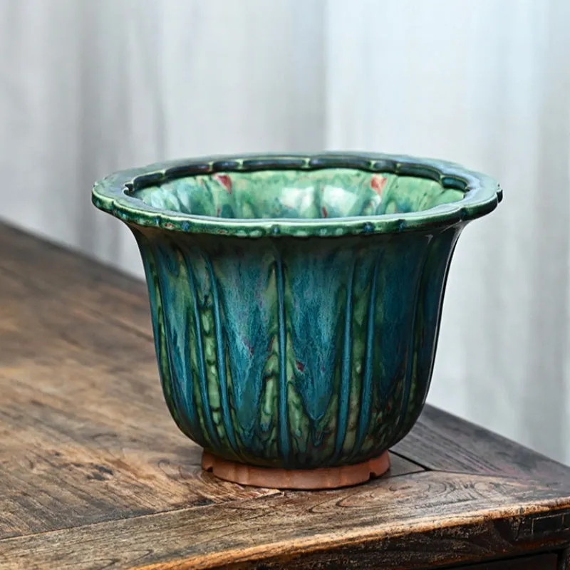Ceramic flower pot with Colorful Glaze Fambe finish, kiln baked random lines, round shape, multiple drainage holes