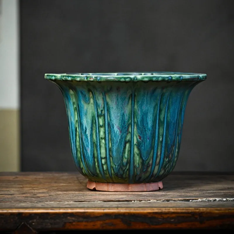 Ceramic flower pot with Colorful Glaze Fambe finish, kiln baked random lines, round shape, multiple drainage holes