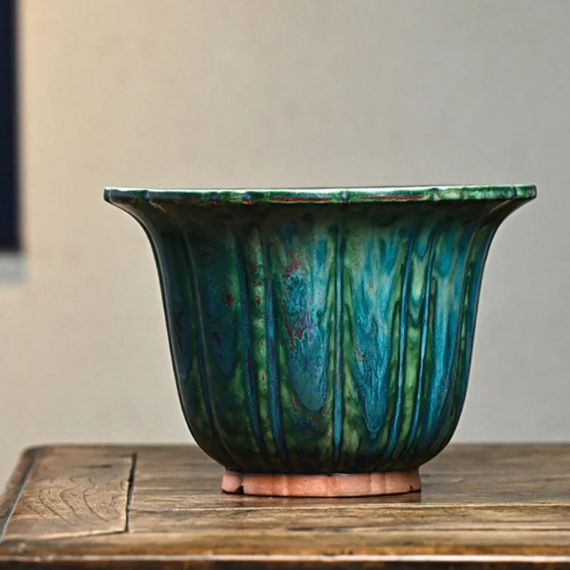 Ceramic flower pot with Colorful Glaze Fambe finish, kiln baked random lines, round shape, multiple drainage holes