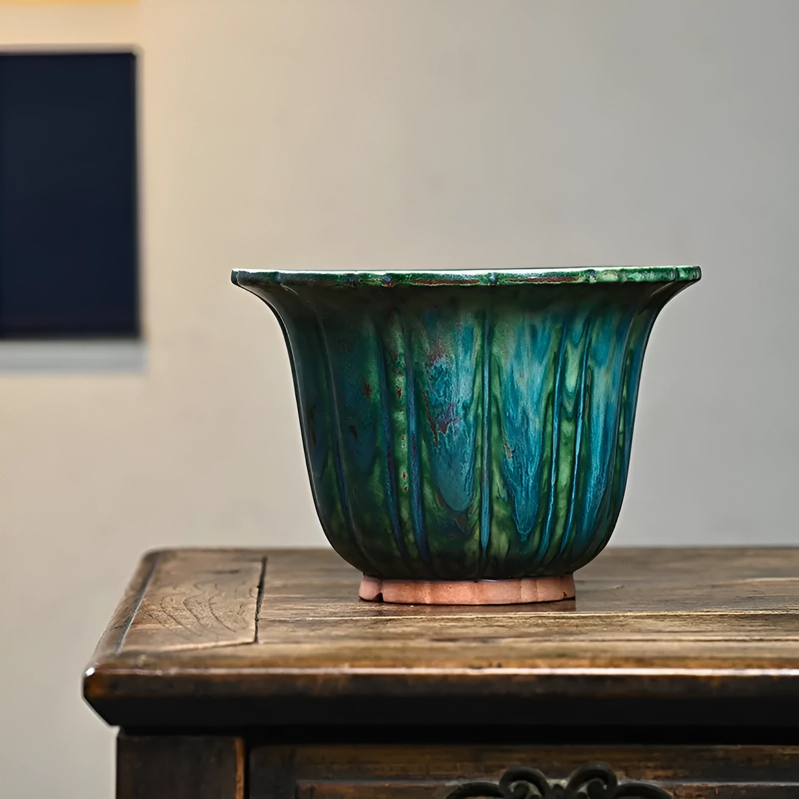 Ceramic flower pot with Colorful Glaze Fambe finish, kiln baked random lines, round shape, multiple drainage holes