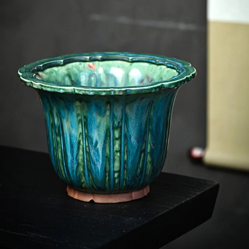 Ceramic flower pot with Colorful Glaze Fambe finish, kiln baked random lines, round shape, multiple drainage holes