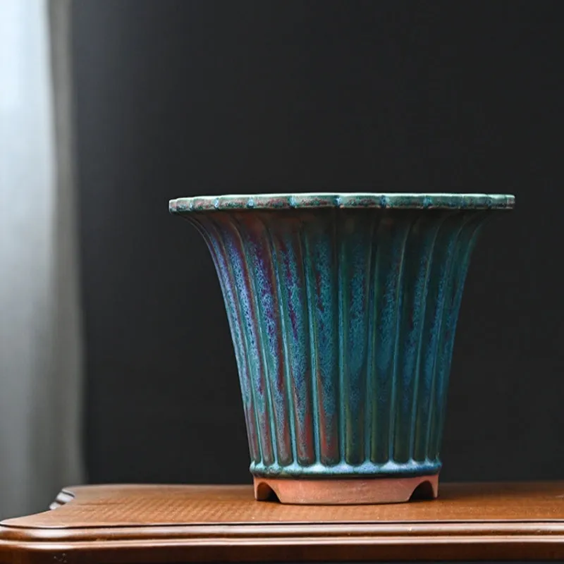Limited Edition Jun Porcelain Colourful Glaze Spring Cymbidium Faberi Lotus Petal Orchid Ceramic Pot