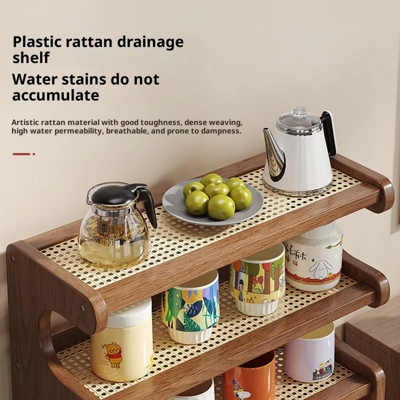 Multi-functional 4-layer desktop storage rack with arc cup holder in bamboo density plate, modern simplicity style