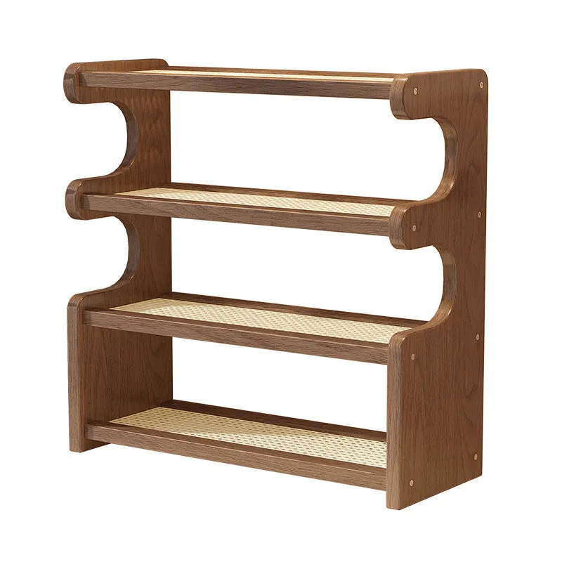 Multi-functional 4-layer desktop storage rack with arc cup holder in bamboo density plate, modern simplicity style