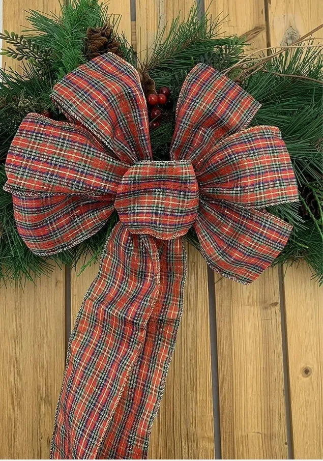 Red woolen plaid polyester velvet burlap bow for Christmas wreath decor