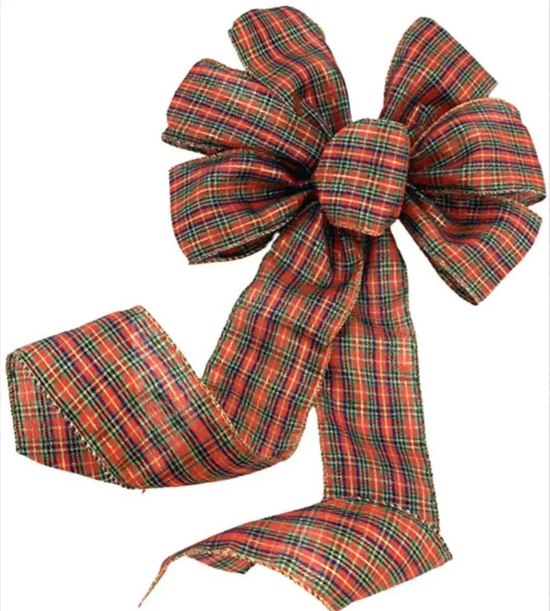 Red woolen plaid polyester velvet burlap bow for Christmas wreath decor