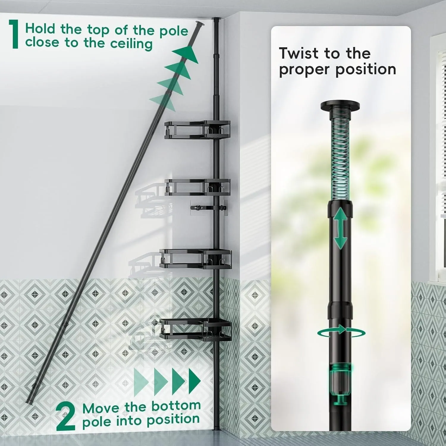 Four-layer retractable bathroom storage rack with hole-free mounting system