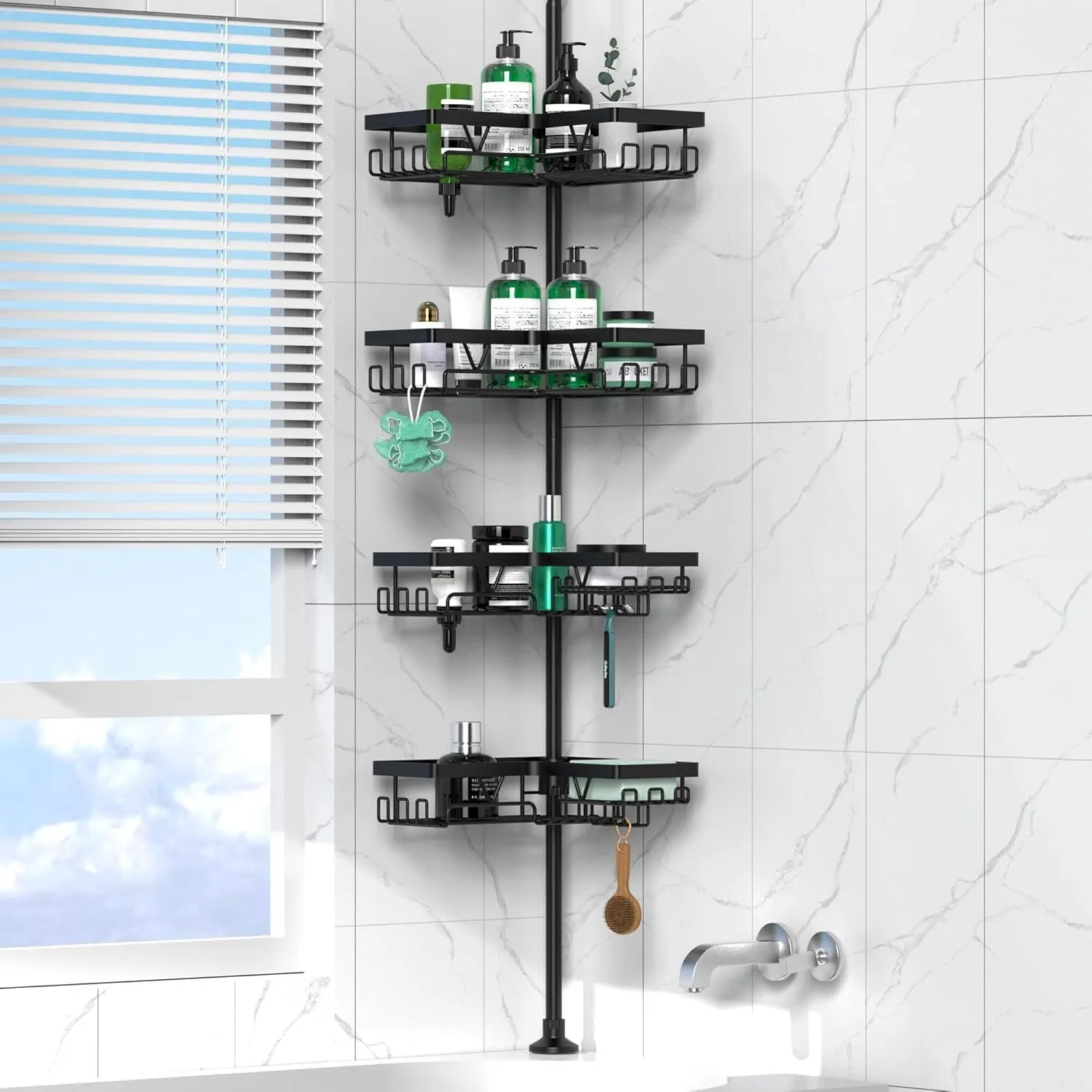 Four-layer retractable bathroom storage rack with hole-free mounting system