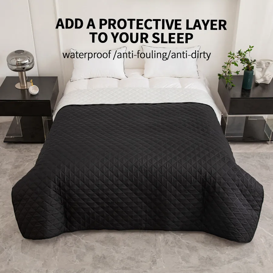 Chemical fibre bedspread with geometric pattern in black, showing sanding finish texture