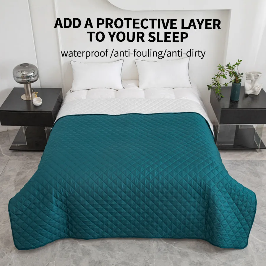 Chemical fibre bedspread with geometric pattern in black, showing sanding finish texture