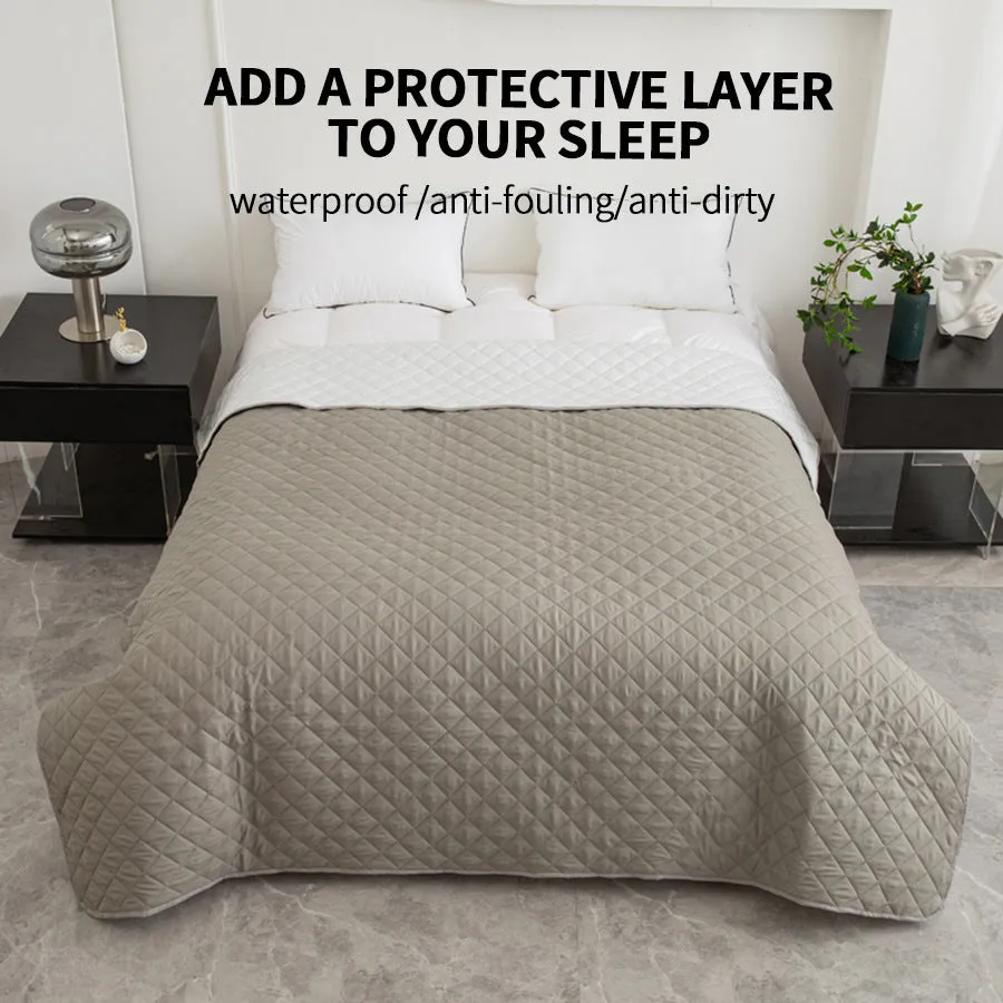 Chemical fibre bedspread with geometric pattern in black, showing sanding finish texture