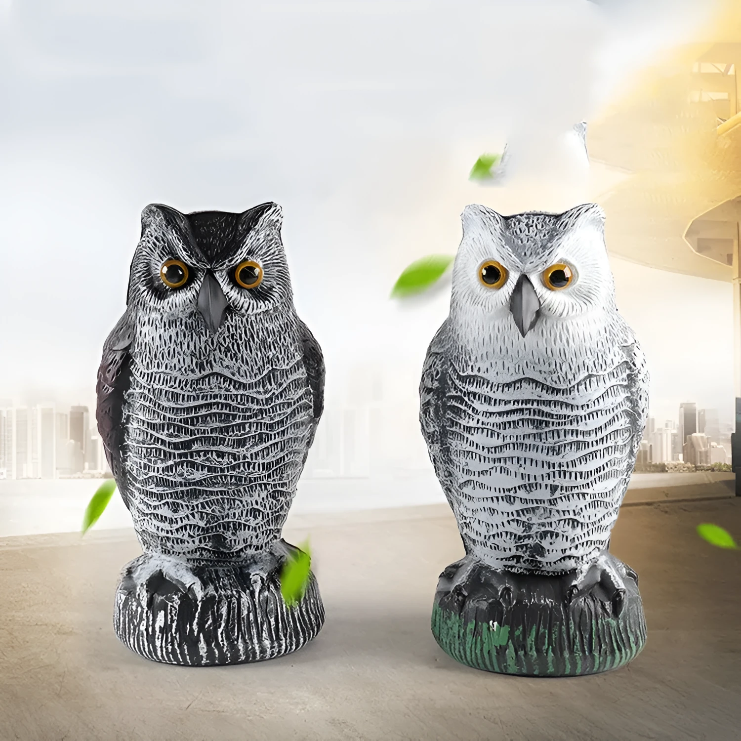 Three-piece set of red artificial PE plastic owl garden ornaments on a white background