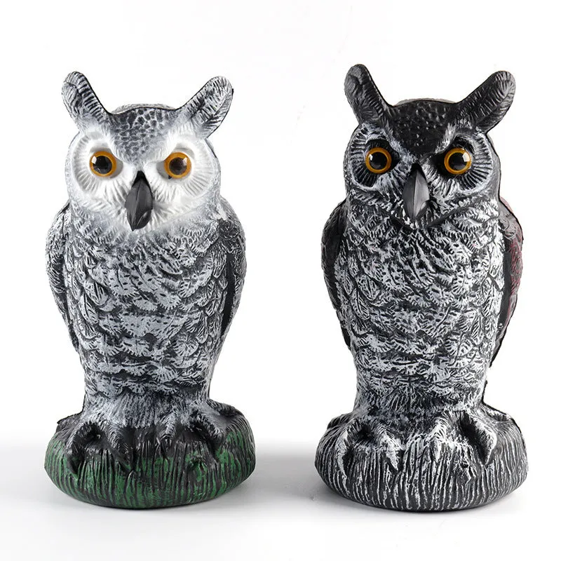 Three-piece set of red artificial PE plastic owl garden ornaments on a white background