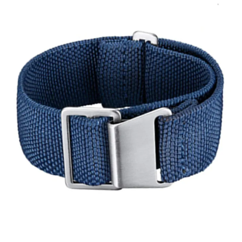 Nylon parachute watchband in green, blue, and black with silver buckle, 18mm 20mm 22mm widths