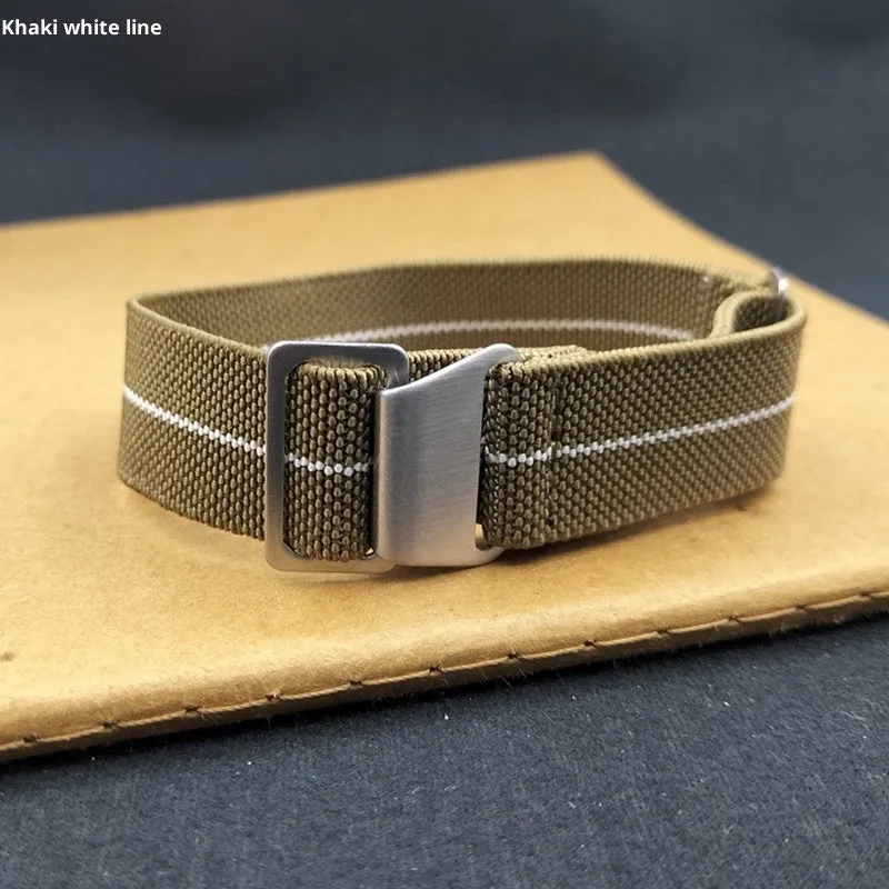 Nylon parachute watchband in green, blue, and black with silver buckle, 18mm 20mm 22mm widths