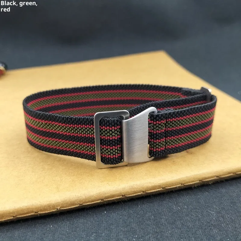 Nylon parachute watchband in green, blue, and black with silver buckle, 18mm 20mm 22mm widths