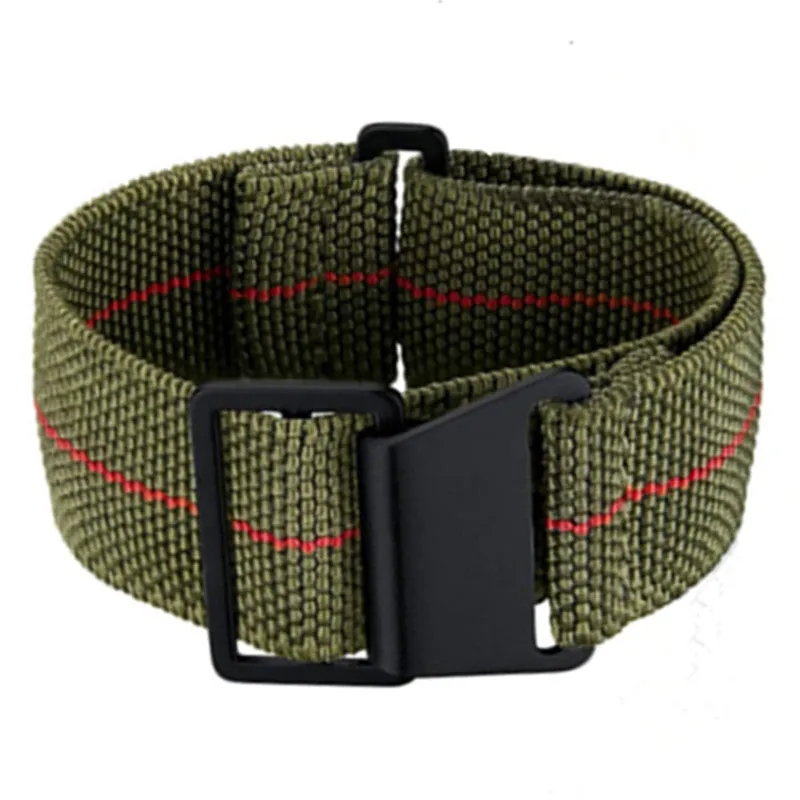 Nylon parachute watchband in green, blue, and black with silver buckle, 18mm 20mm 22mm widths
