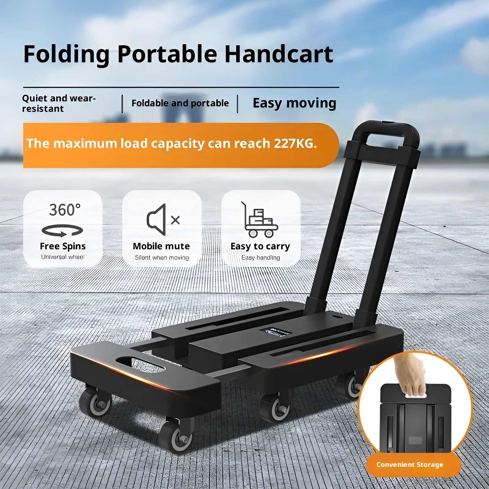 Black direct-supply handcart with silent PU wheels, PP plastic and metal construction for indoor and outdoor moving.