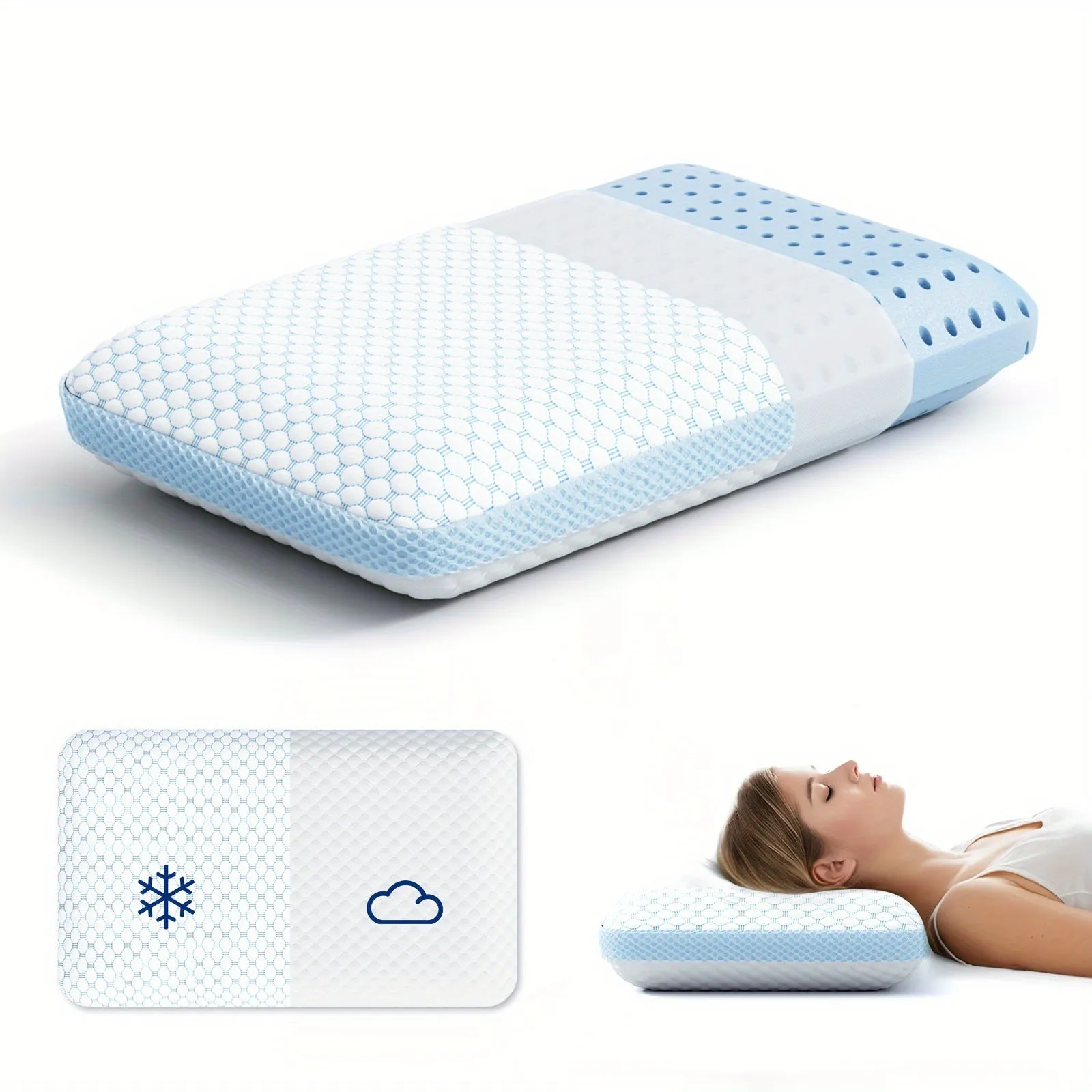 Household cervical memory foam pillow 63x36x13.5cm in medium molecule air layer white and blue finish