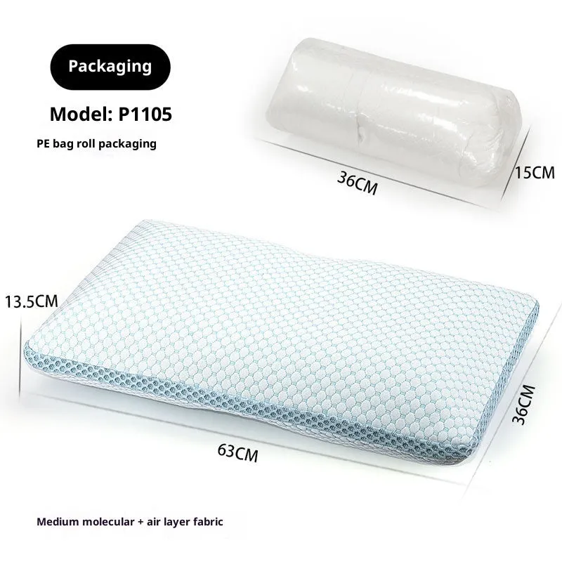 Household cervical memory foam pillow 63x36x13.5cm in medium molecule air layer white and blue finish