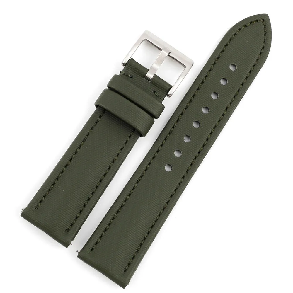 Oxford water-repellent cloth leather watch strap in beige with stitch detail on white background