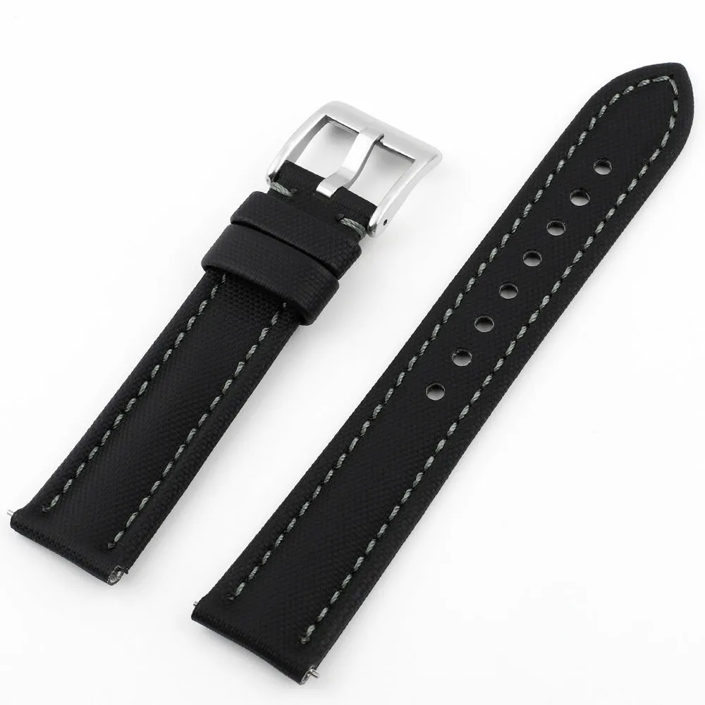 Oxford water-repellent cloth leather watch strap in beige with stitch detail on white background