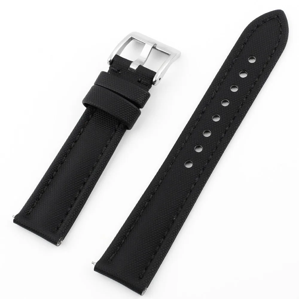 Oxford water-repellent cloth leather watch strap in beige with stitch detail on white background