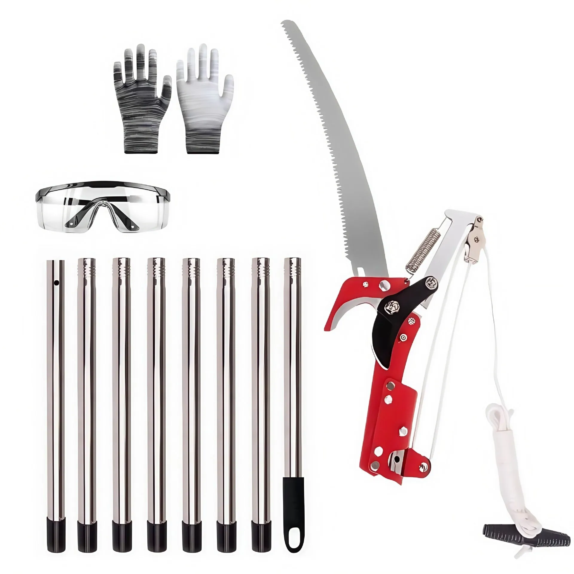 Pull rope pruning shears with extended 3.3 metre 8-section metal pole for high branch cutting