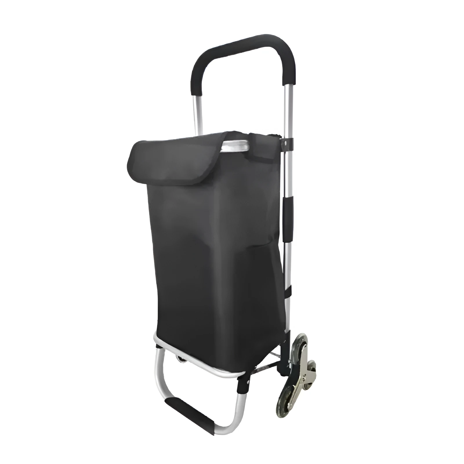 Foldable black shopping trolley bag with aluminium frame and 20cm caster wheels for shopping and camping