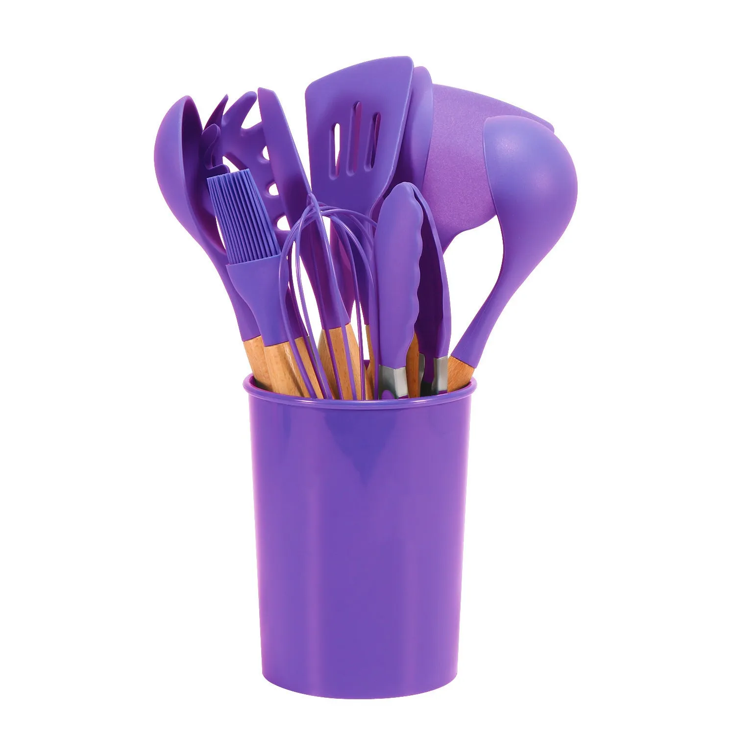 12-piece silicone kitchenware set with wooden handles in red colour box packaging, modern simplicity style